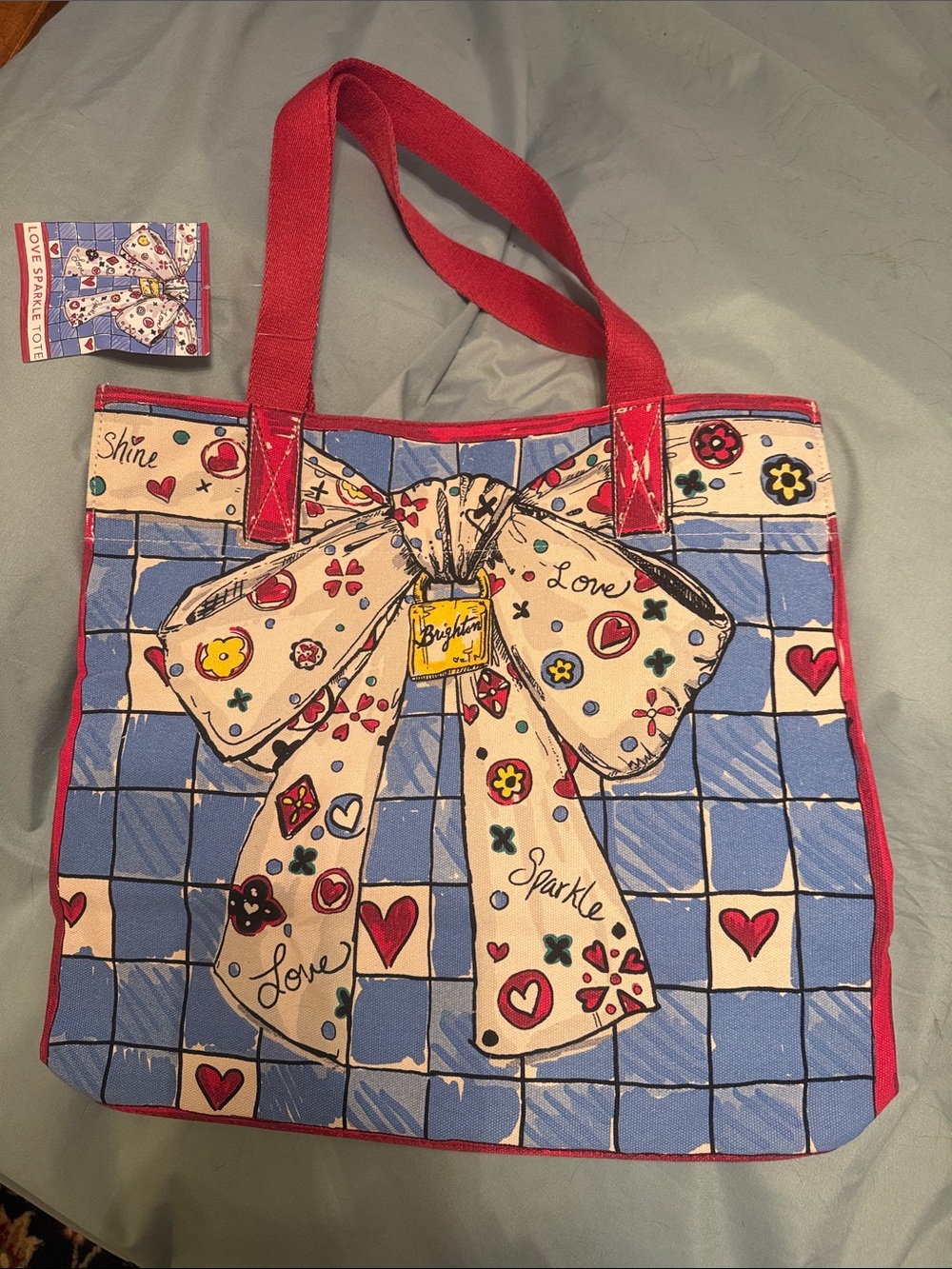 Brighten Blue Bow-Print Tote Bag with Red Handles NWT